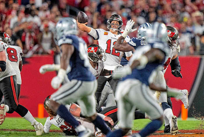 Tom Brady throws a pass against the Cowboys in the 2021 season opener